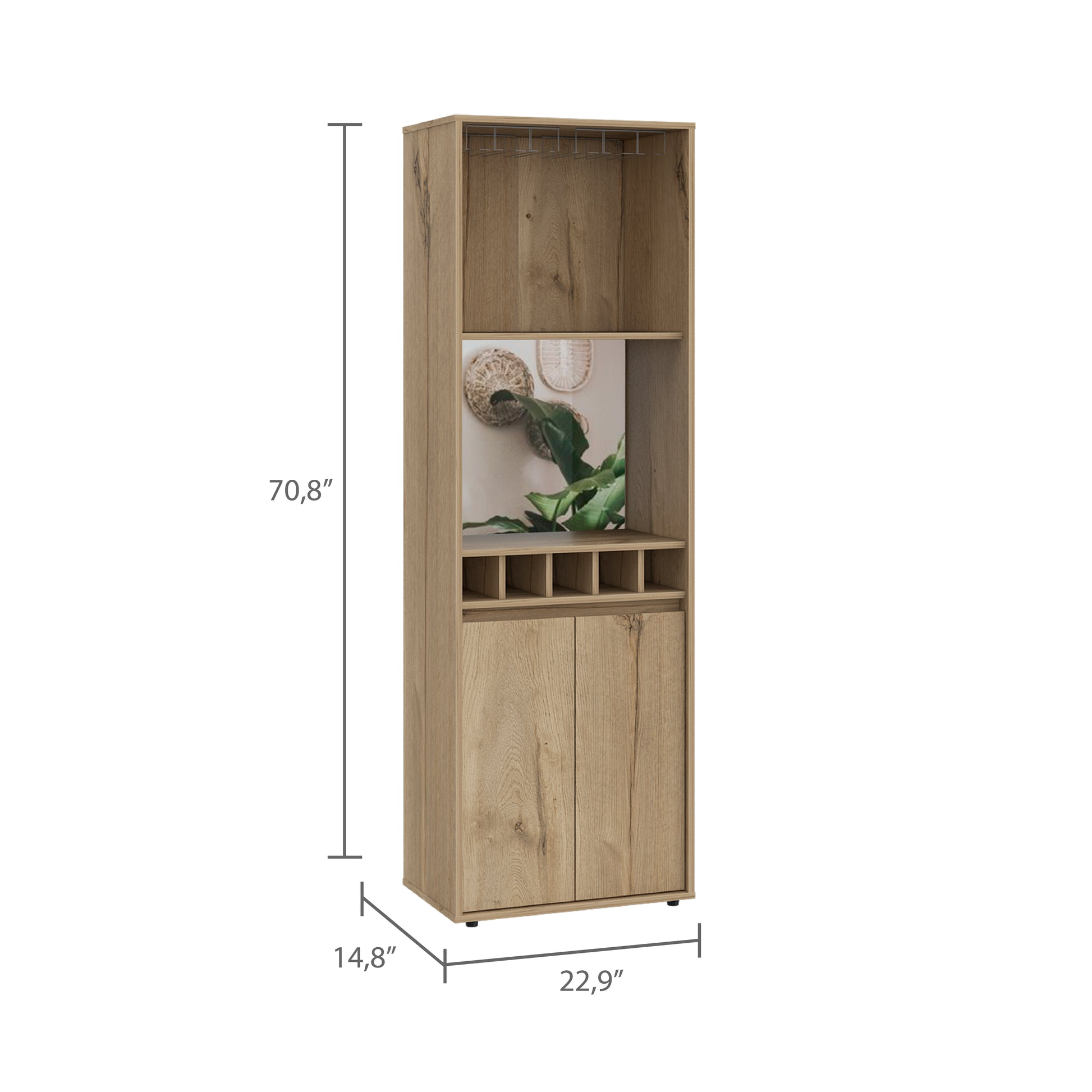 Tall oak effect bar cabinet with wine glass rack and bottle holders