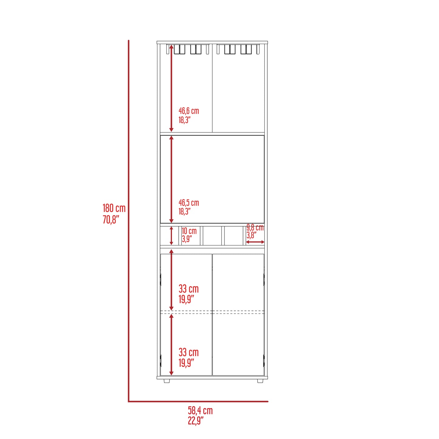 White wardrobe interior with three shelves and two lower cabinet doors cm tall