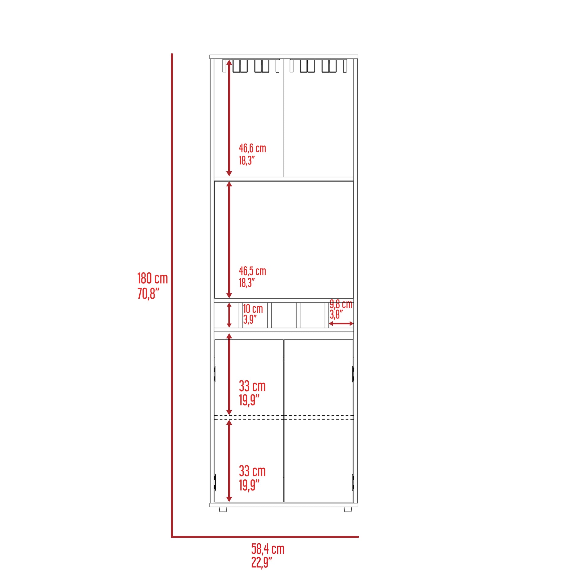 White wardrobe interior with three shelves and two lower cabinet doors cm tall