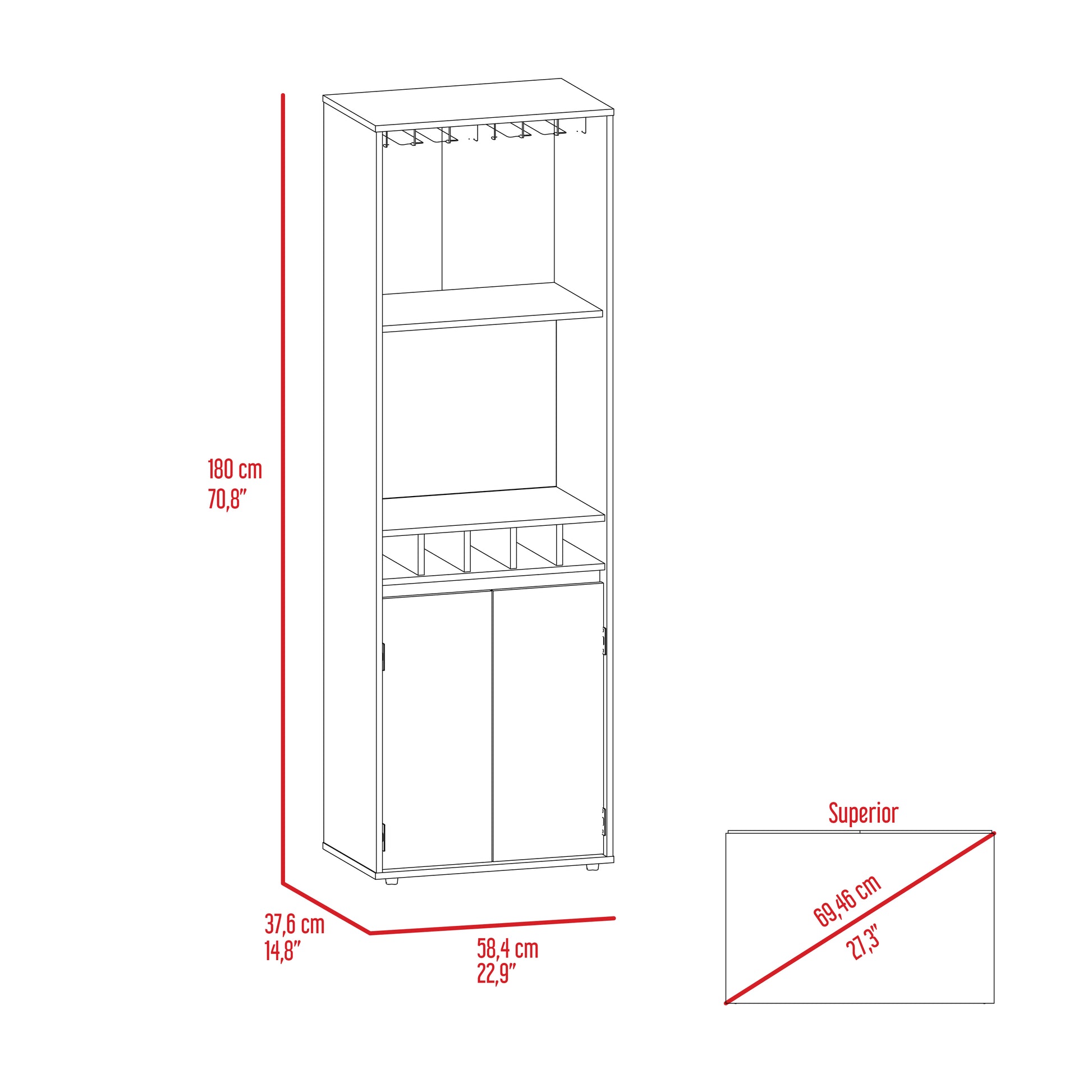 Line drawing of a tall slender white cabinet with wine glass holders at the top and two cabinet doors at the bottom