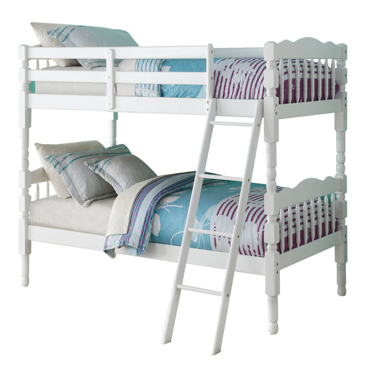 White wooden bunk bed with blue and purple striped bedding ideal for kids rooms