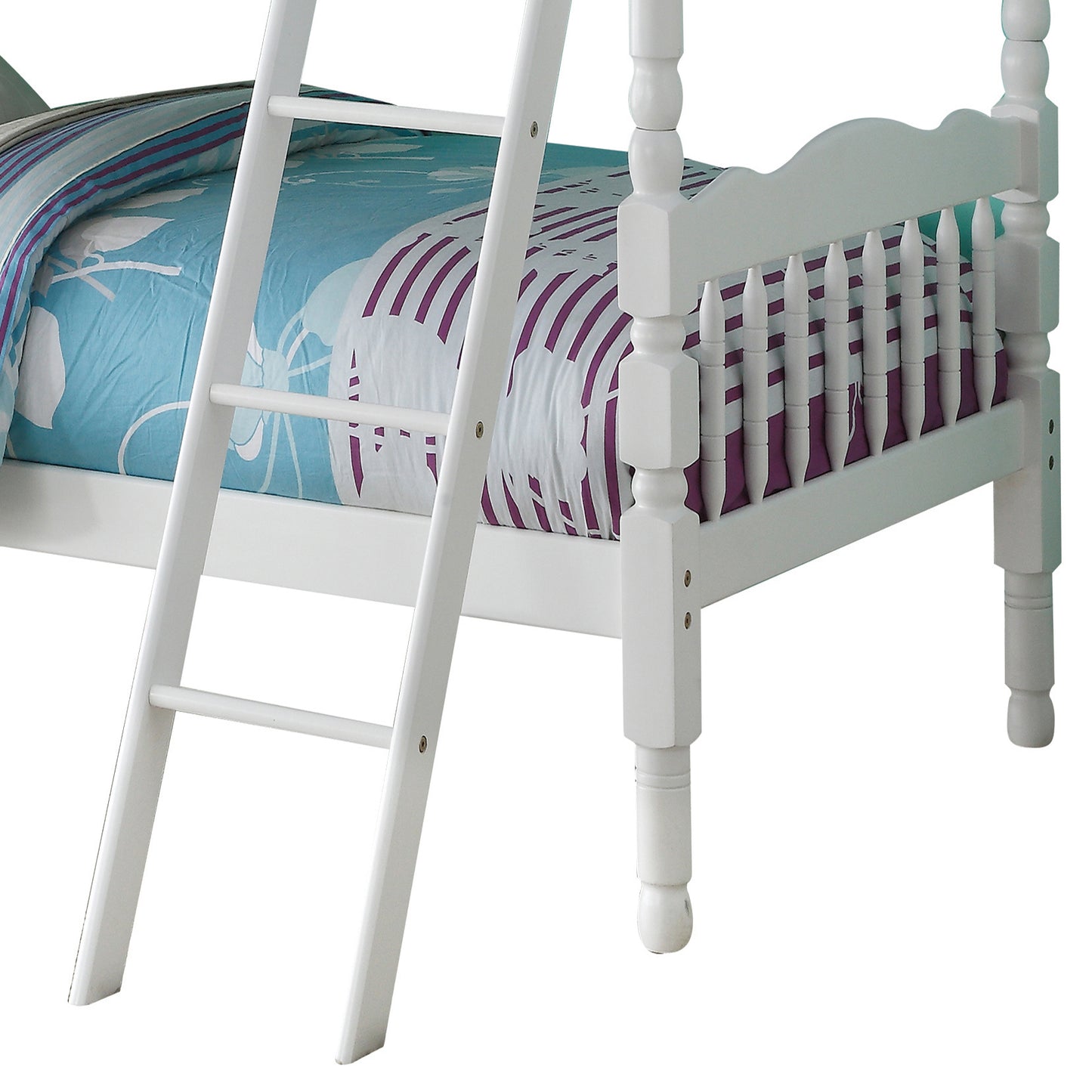 White wooden bunk bed frame with ladder and patterned bedding
