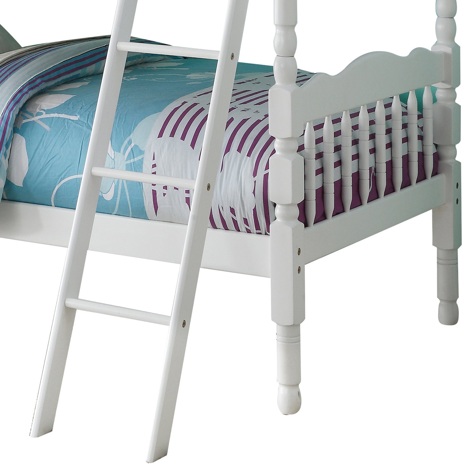 White wooden bunk bed frame with ladder and patterned bedding