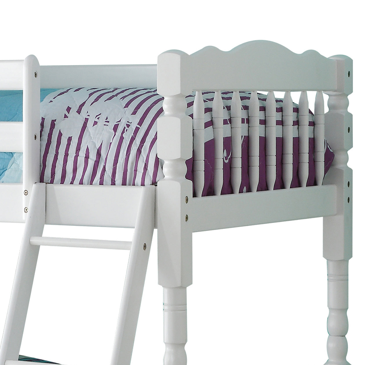 White wooden loft bed frame with purple striped bedding and integrated ladder