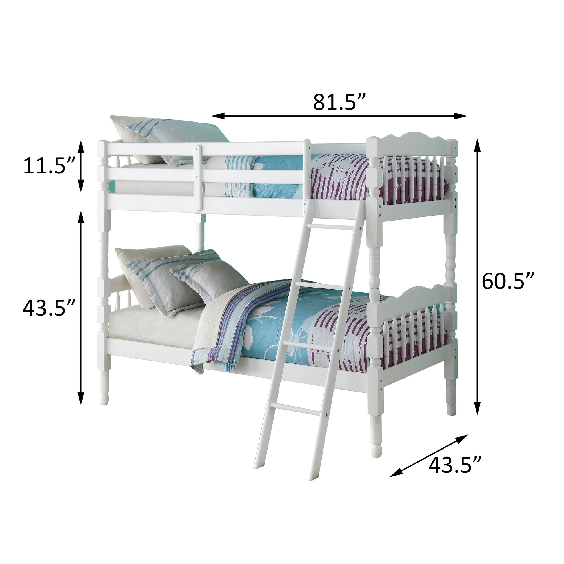 White wooden bunk bed with ladder and striped bedding  long