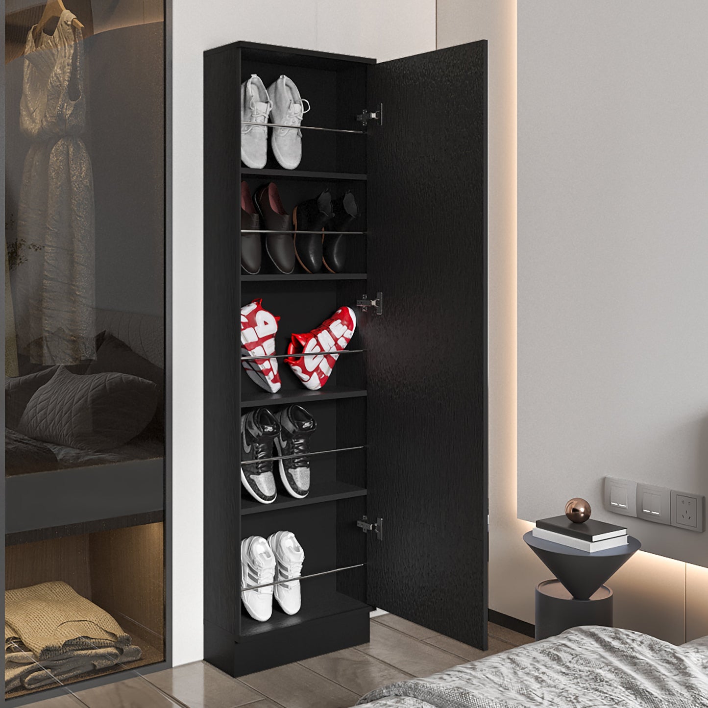 Modern black shoe cabinet with open door showcasing organized sneakers and boots on shelves
