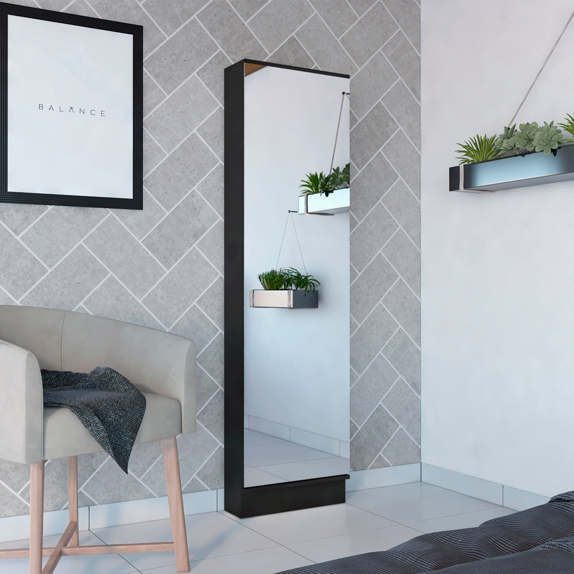 Tall black framed full length mirror with modern design