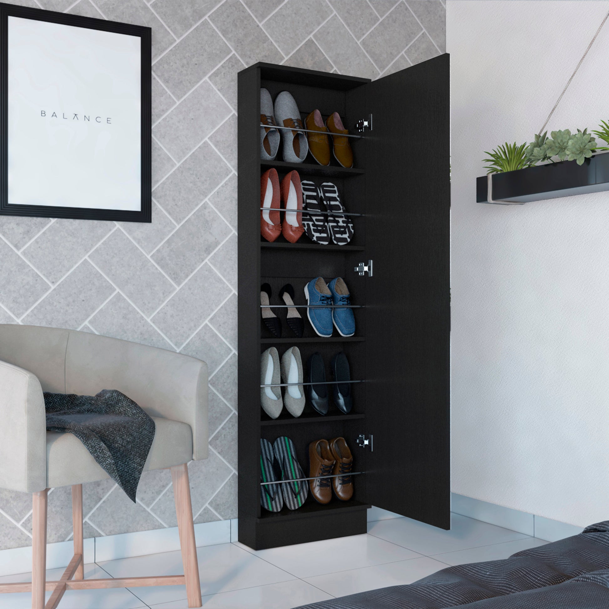 Black tall shoe cabinet filled with various shoes including heels sneakers and loafers