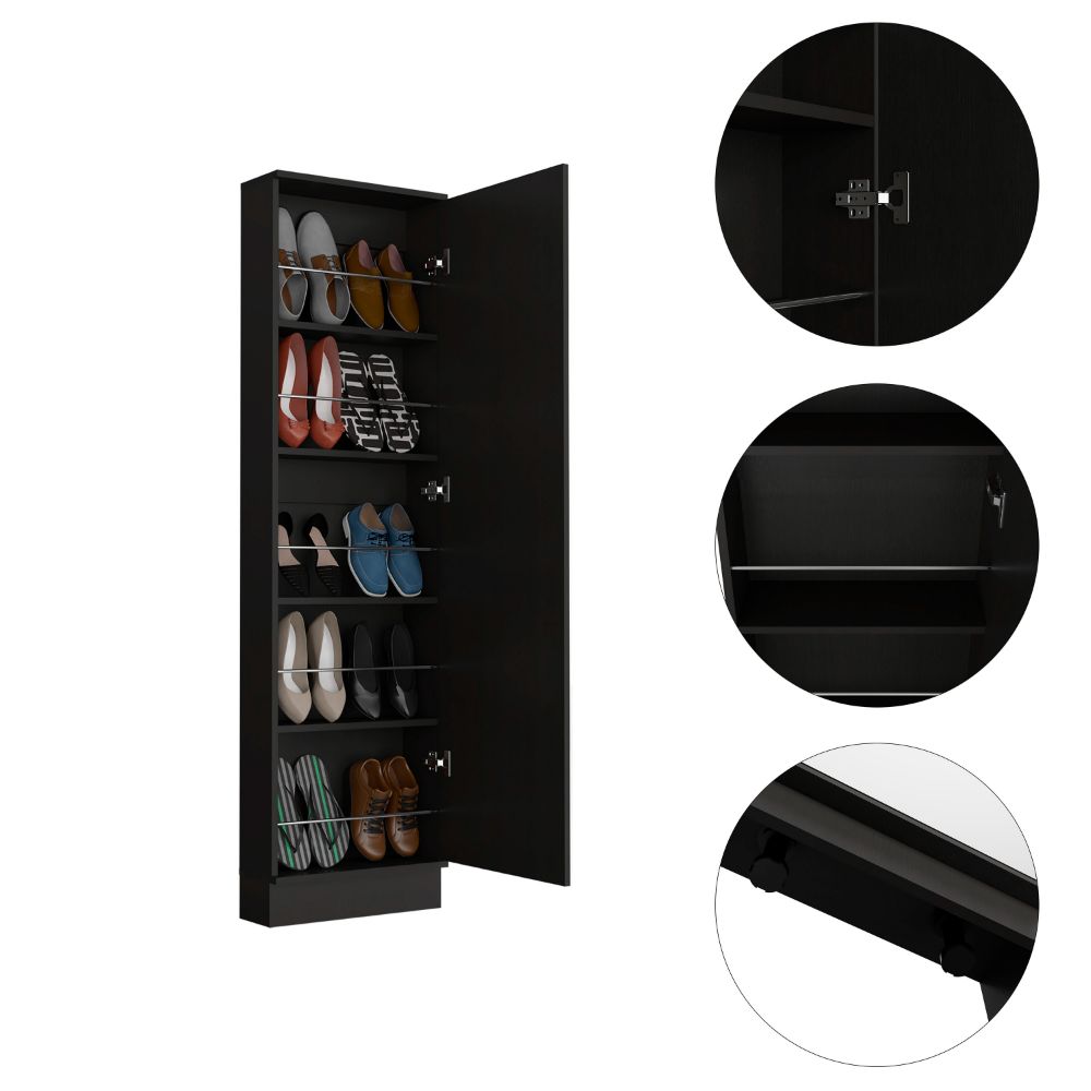 Black narrow shoe cabinet with open door displaying multiple shoe pairs on shelves