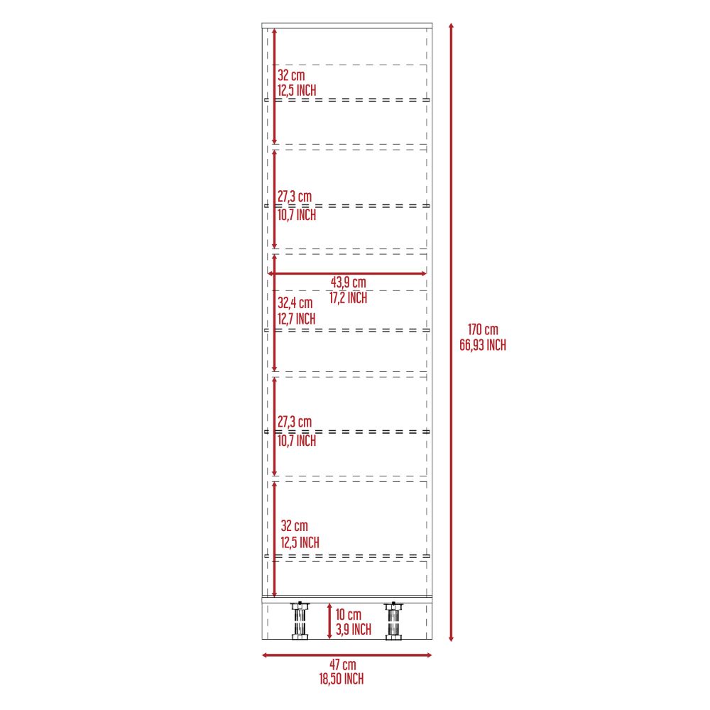 Line drawing of a white bookshelf with dimensions indicated in centimeters and inches