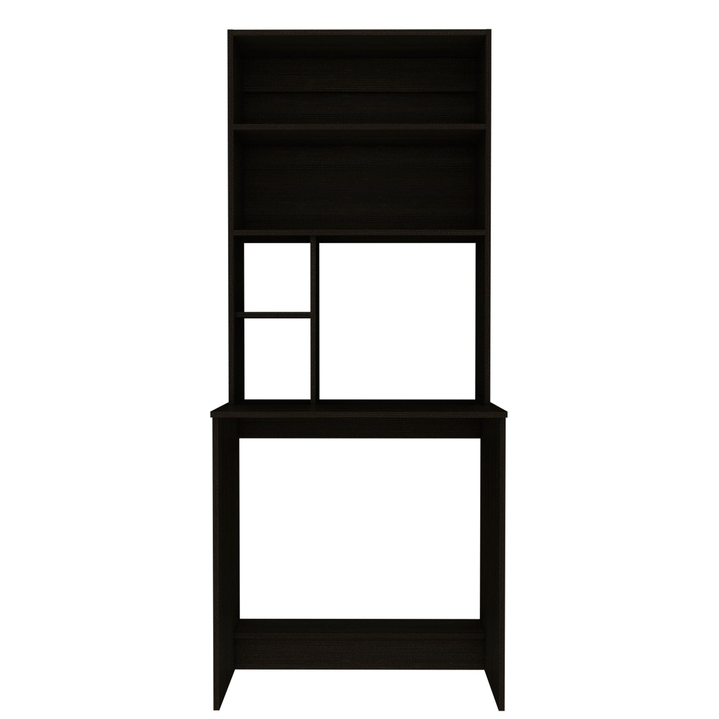 Dark wood desk with hutch and shelving for a home office setup