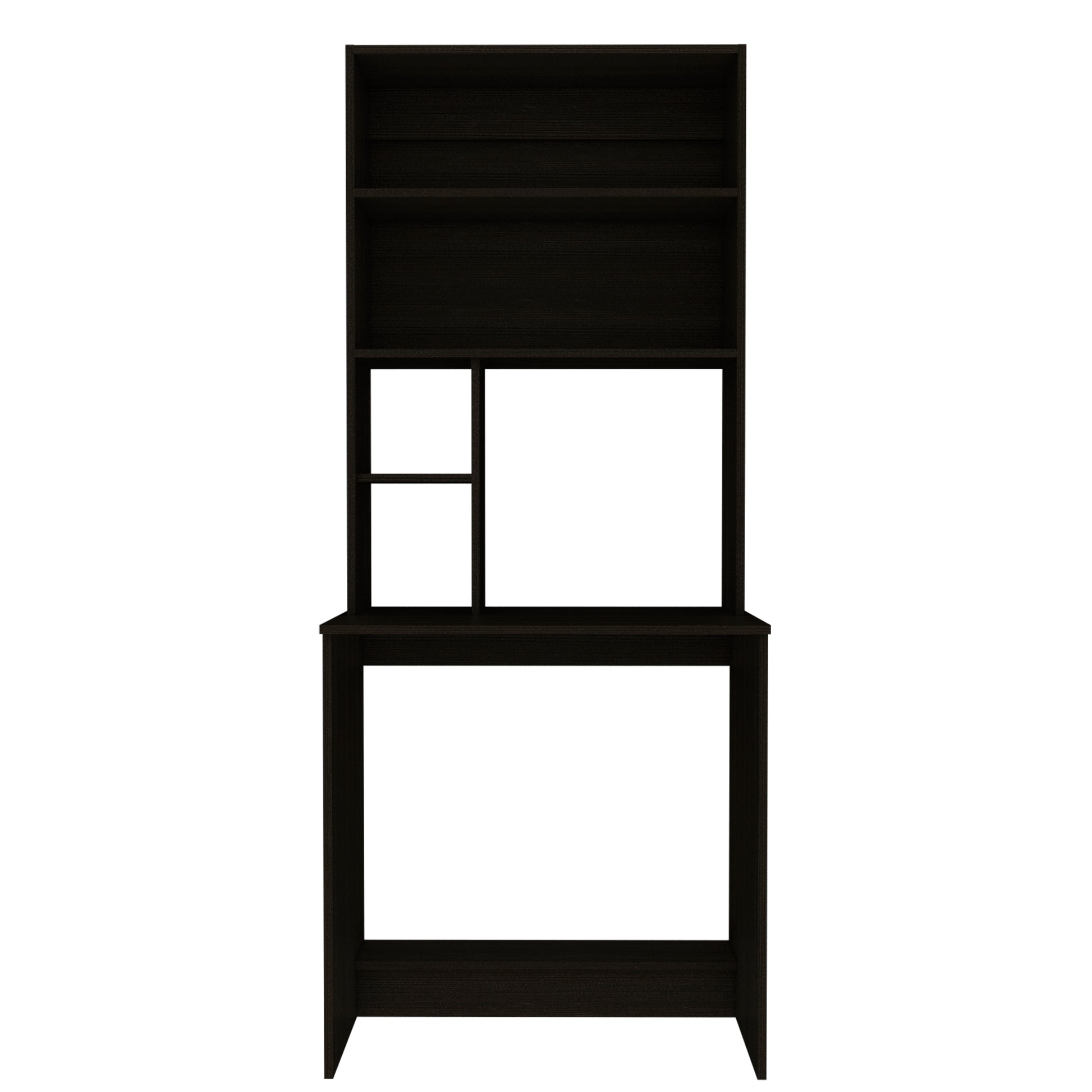 Dark wood desk with hutch and shelving for a home office setup