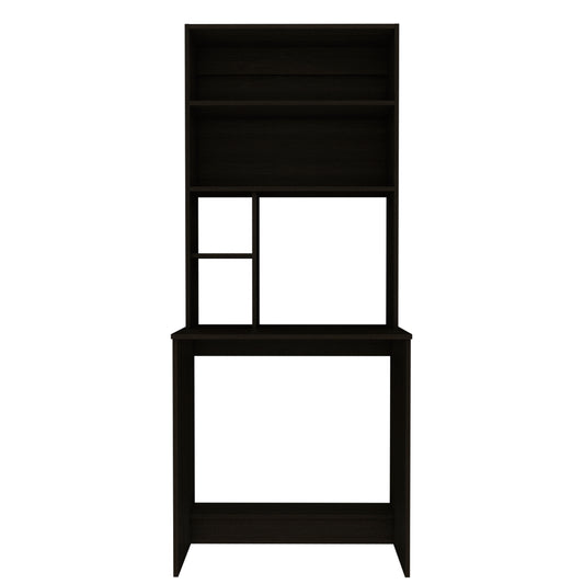 Dark wood desk with hutch and shelving for a home office setup