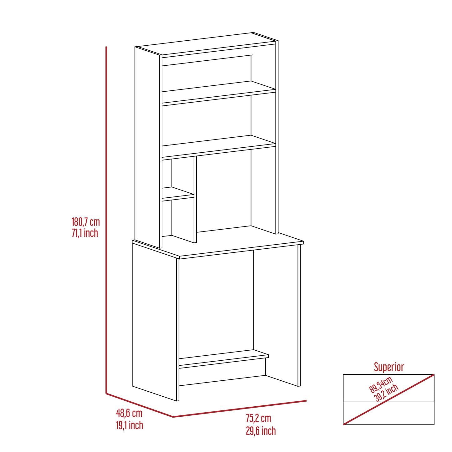 Line drawing of a modern white desk with hutch and shelves dimensions shown