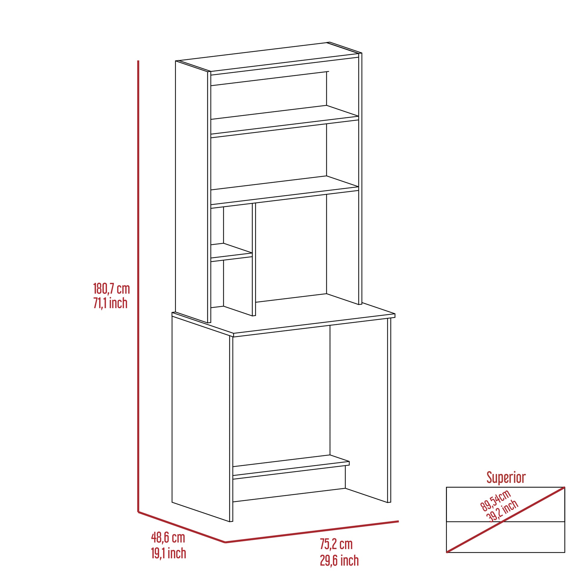 Line drawing of a modern white desk with hutch and shelves dimensions shown