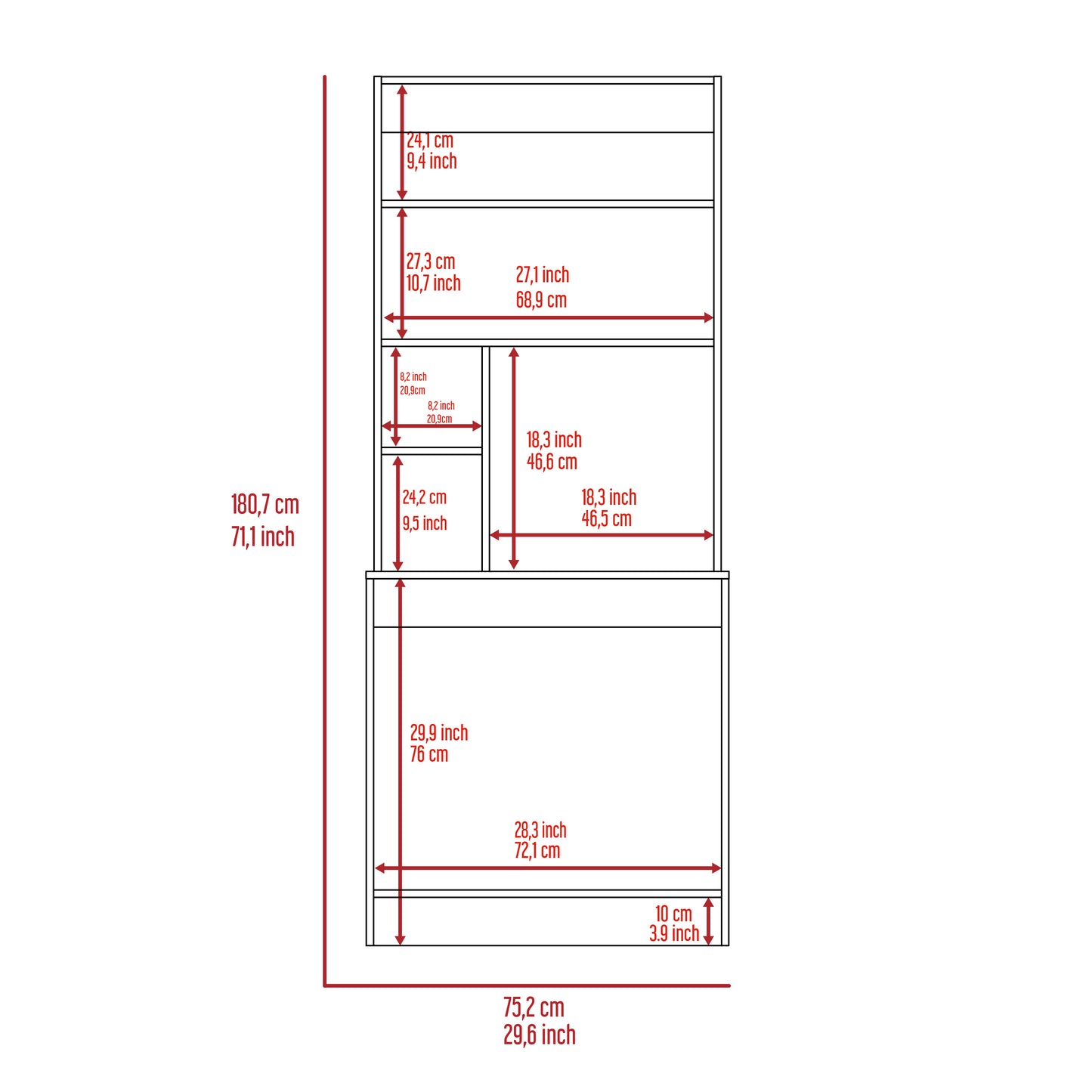 Diagram showing overall dimensions of a shelving unit  cm tall