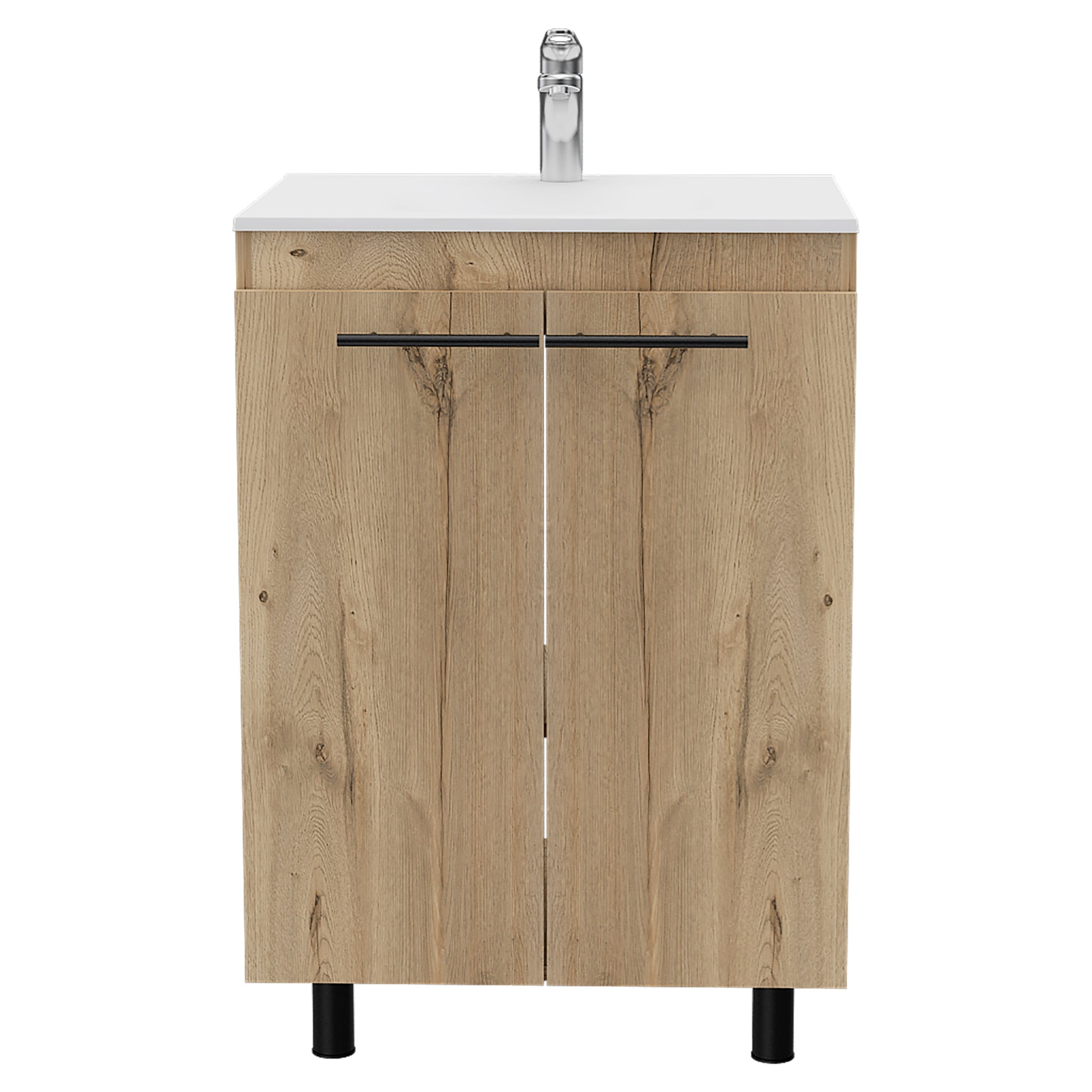 Light oak vanity with white top and chrome faucet  doors