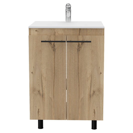 Light oak vanity with white top and chrome faucet  doors