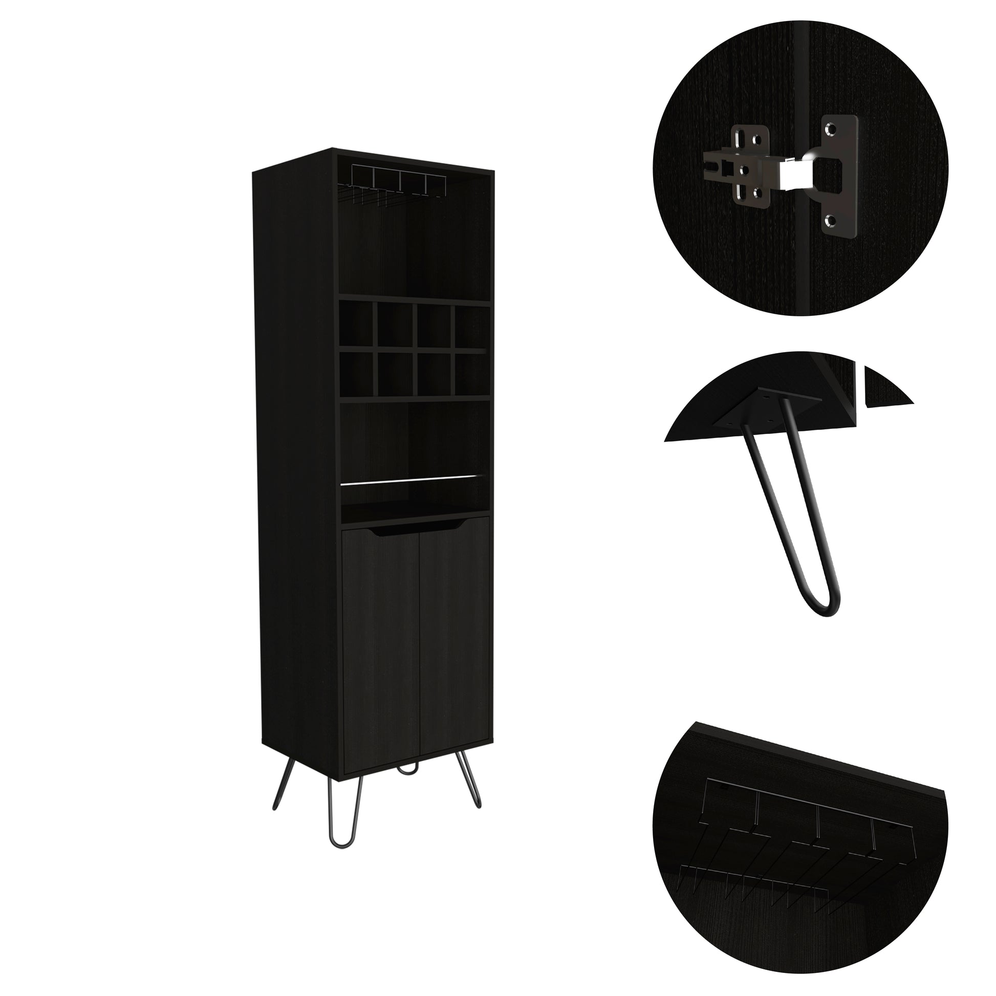 Tall black bar cabinet with wine racks bottle storage and doors on hairpin legs