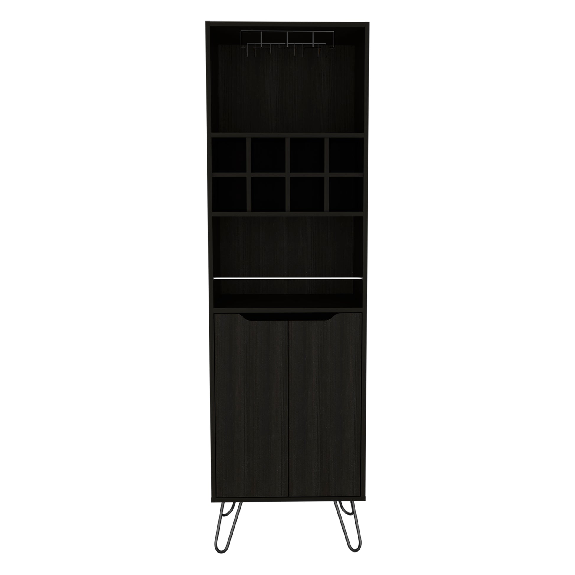 Black tall cabinet with wine rack and divided shelving