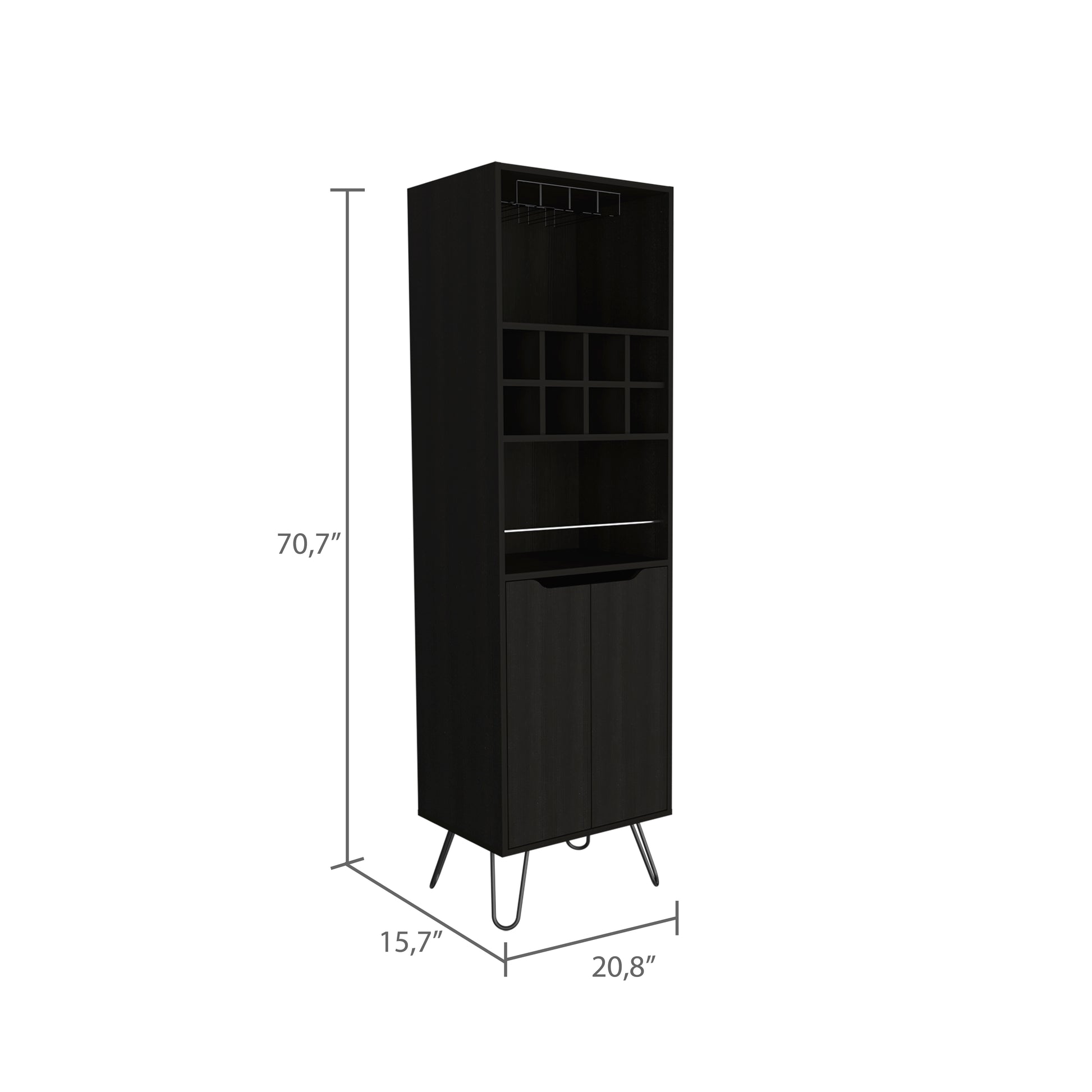 Black wine cabinet with tiered shelves and hanging glass rack modern hairpin legs