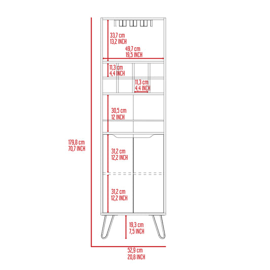 Tall white cabinet with glass doors and multiple shelves dimensions shown