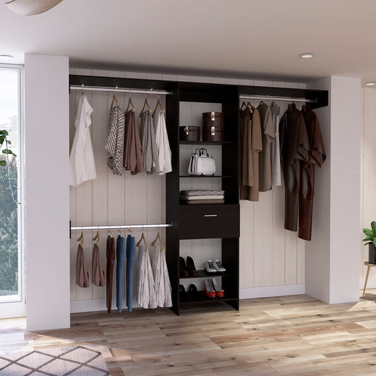Dark wood closet system with hanging clothes and shoes
