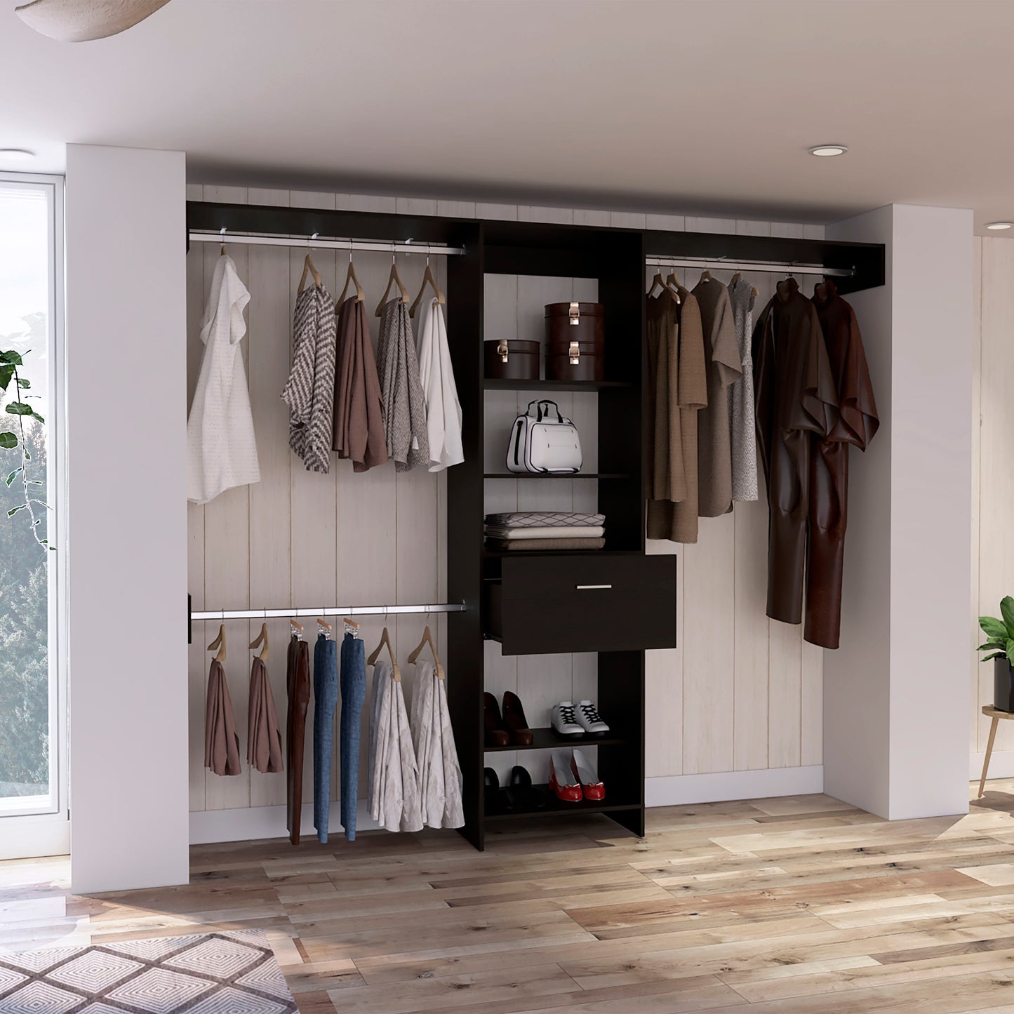 Organized dark wood closet system with hanging clothes and shoes displayed