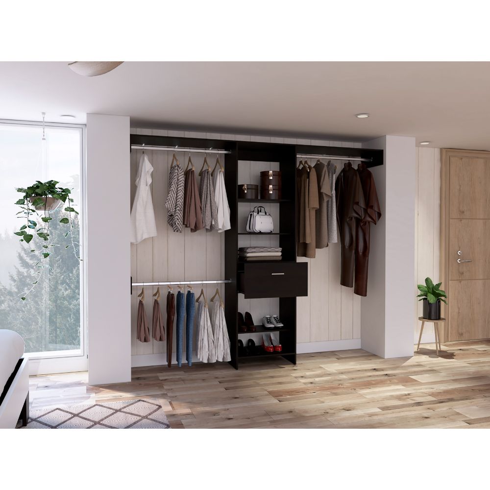 Dark wood walkin closet system with hanging clothes and shoe shelves