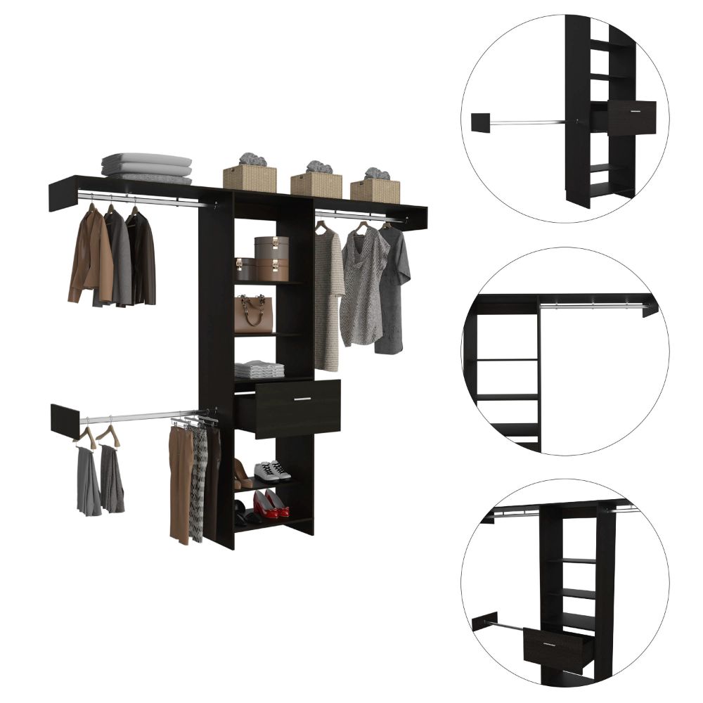 Dark wood modular closet system with hanging clothes and shoes