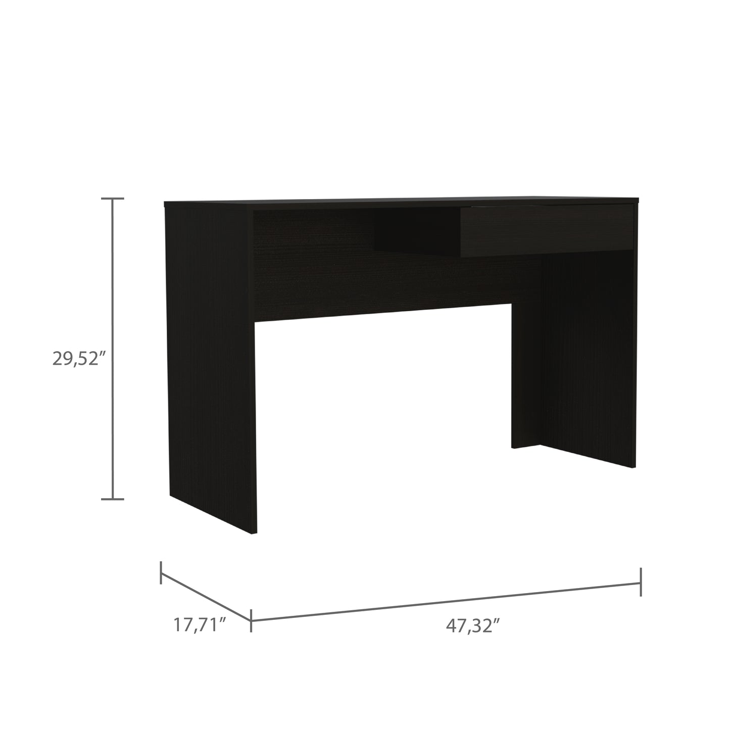 Black laminate computer desk with a single drawer and open shelf