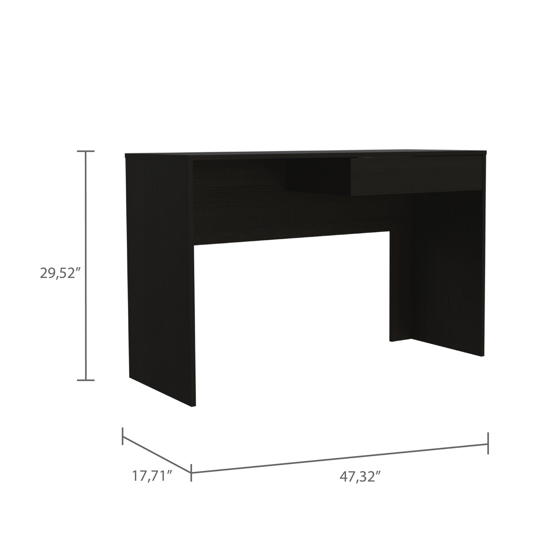 Black laminate computer desk with a single drawer and open shelf