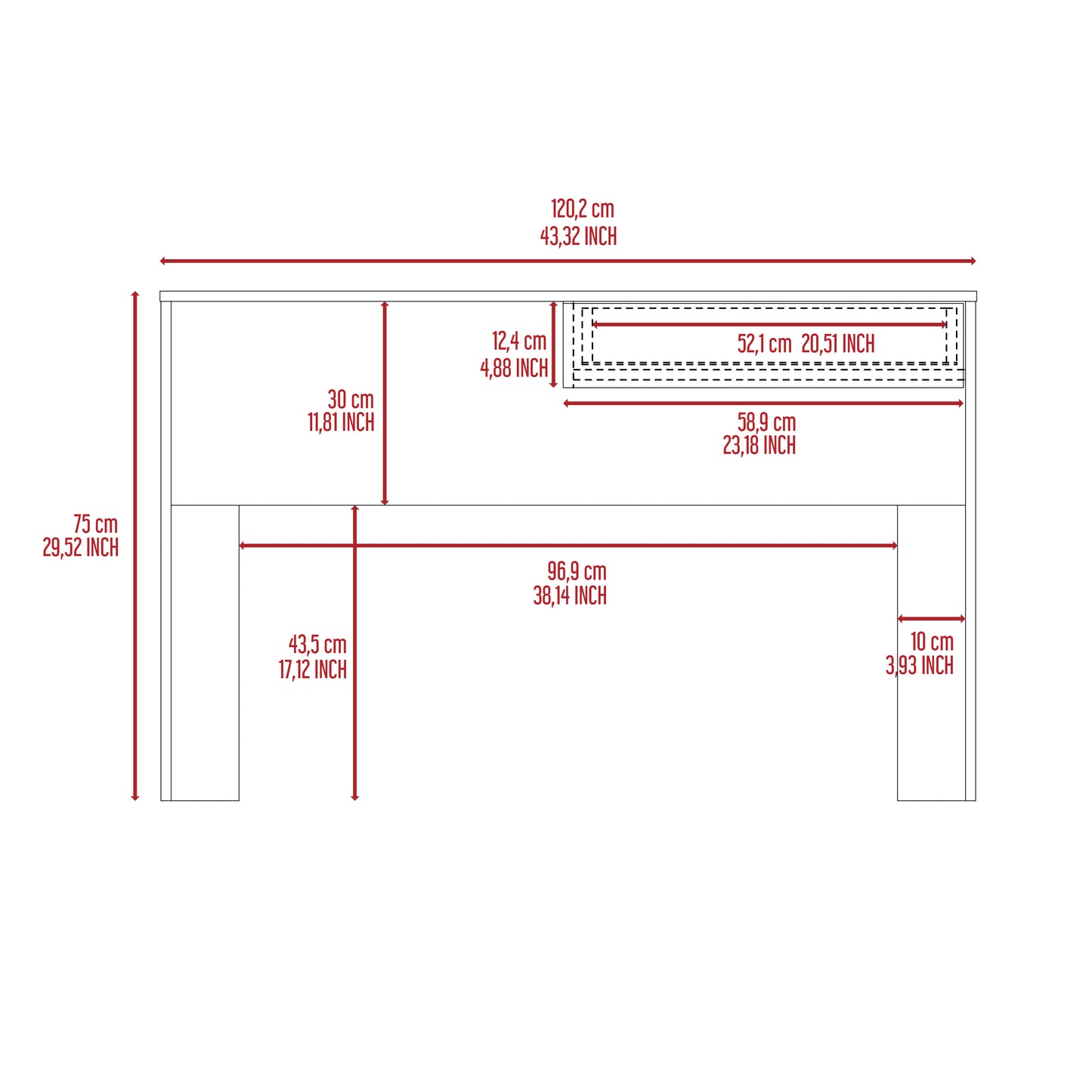 Schematic of a white desk showing dimensions  cm width  cm height  cm depth