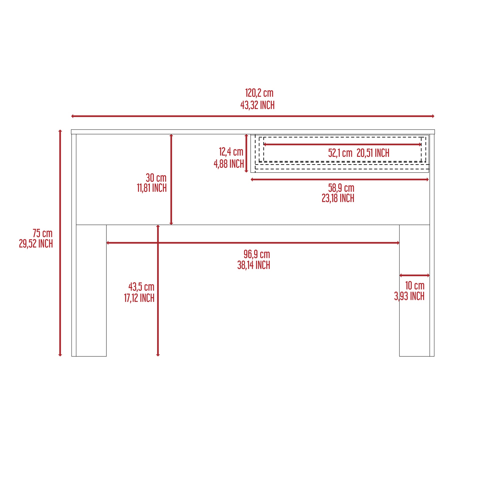Schematic of a white desk showing dimensions  cm width  cm height  cm depth