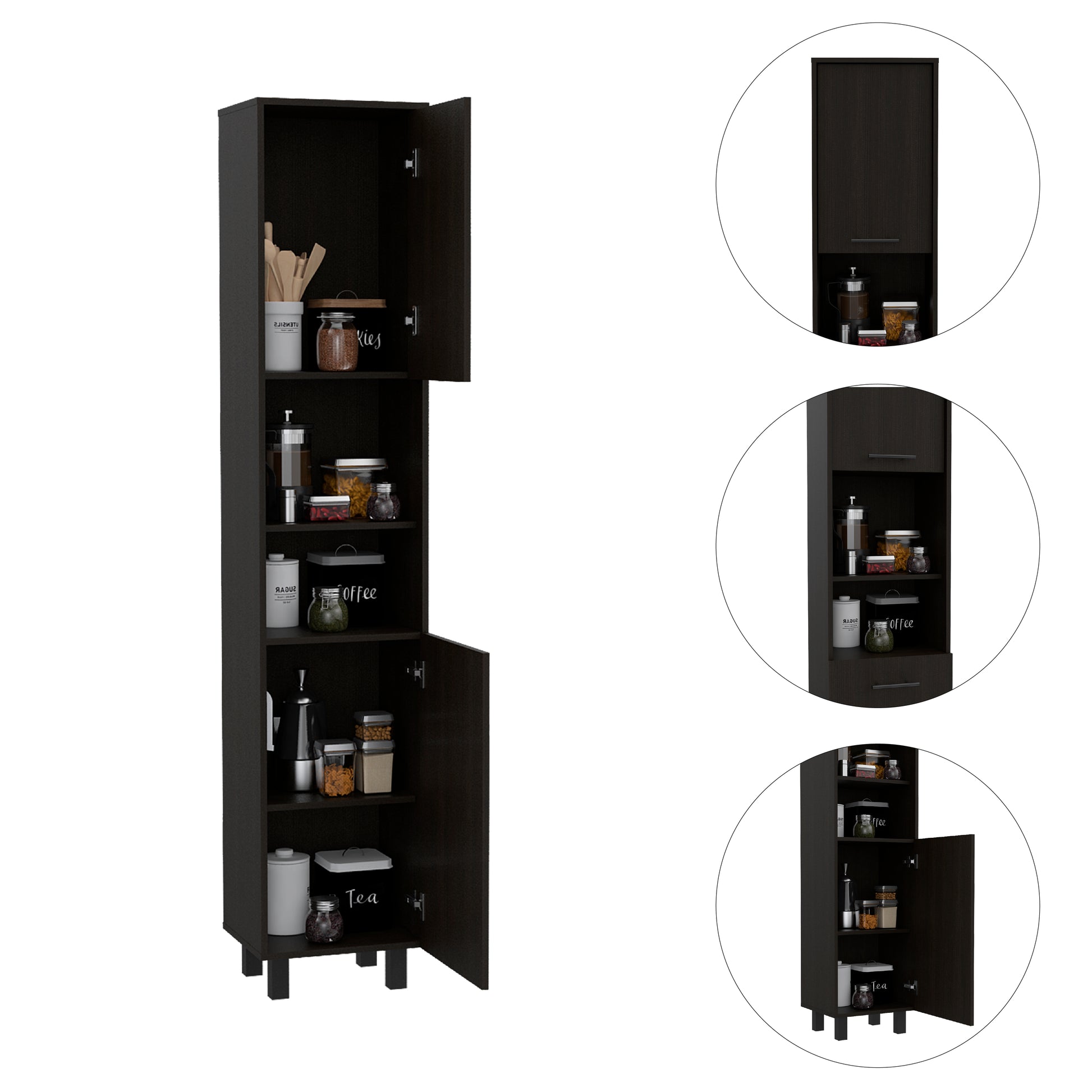 Tall dark wood kitchen pantry cabinet with open doors filled with canisters for coffee sugar and tea
