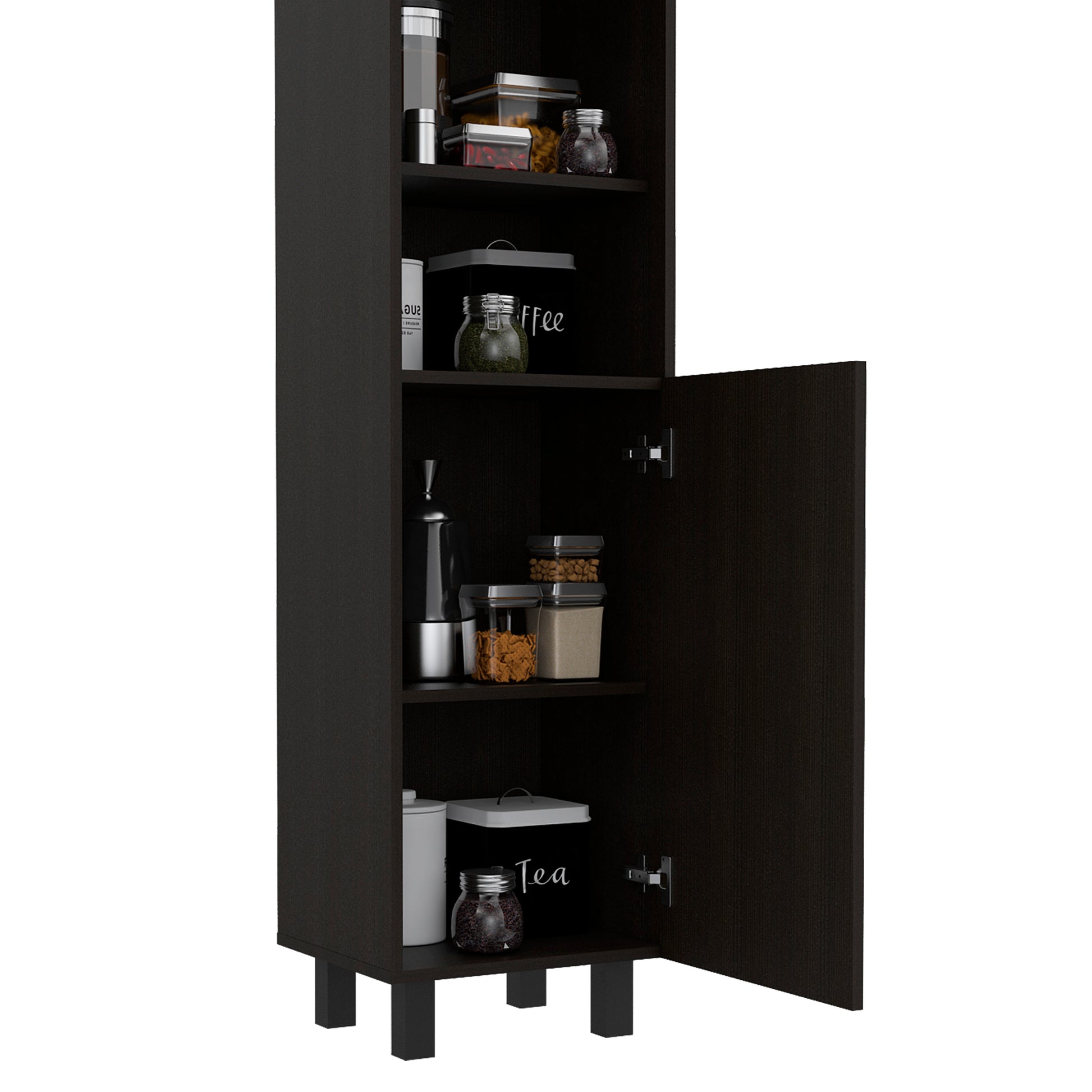 Dark espresso tall kitchen cabinet with an open door filled with storage containers and jars
