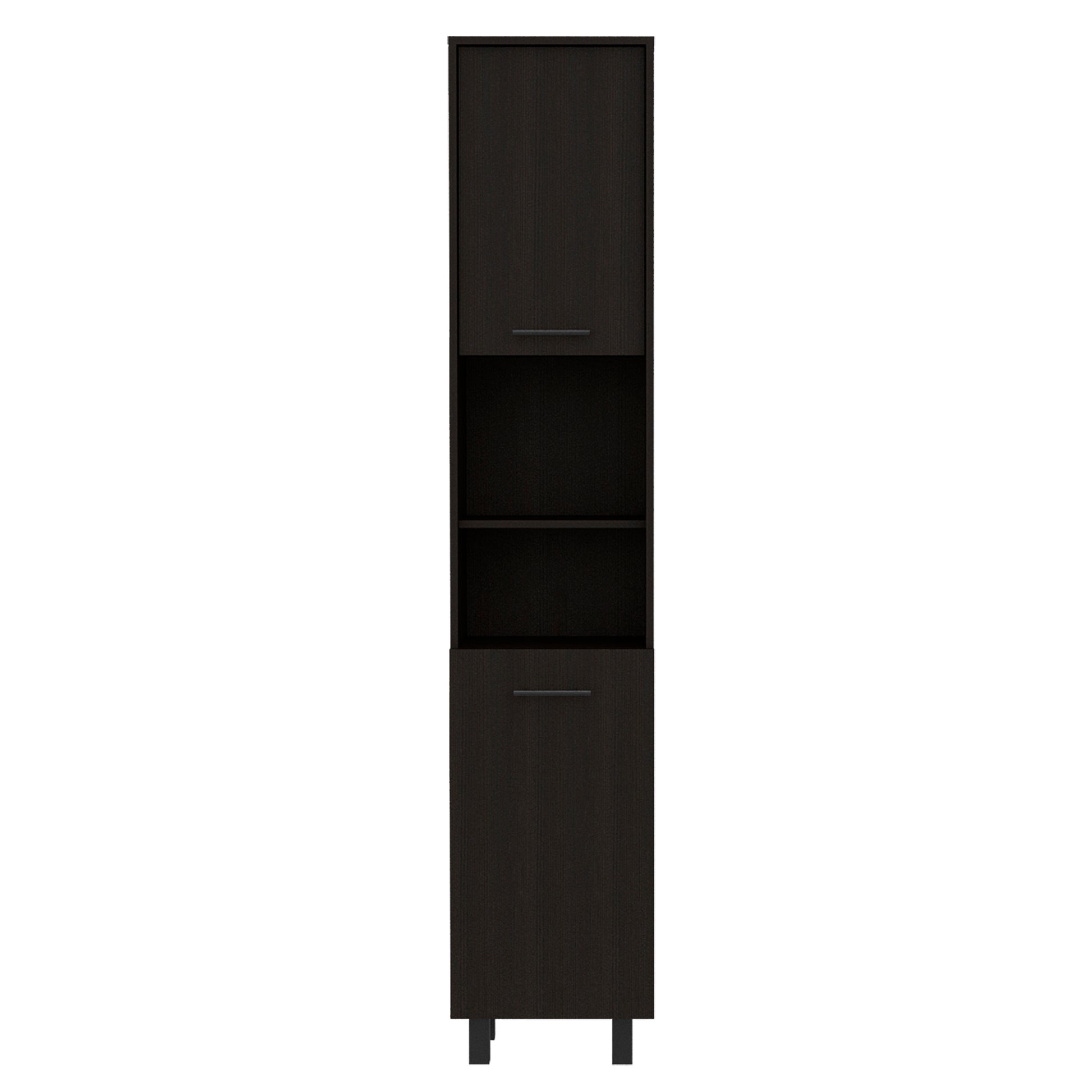 Dark wood grain linen tower with one closed cabinet two open shelves and a lower cabinet