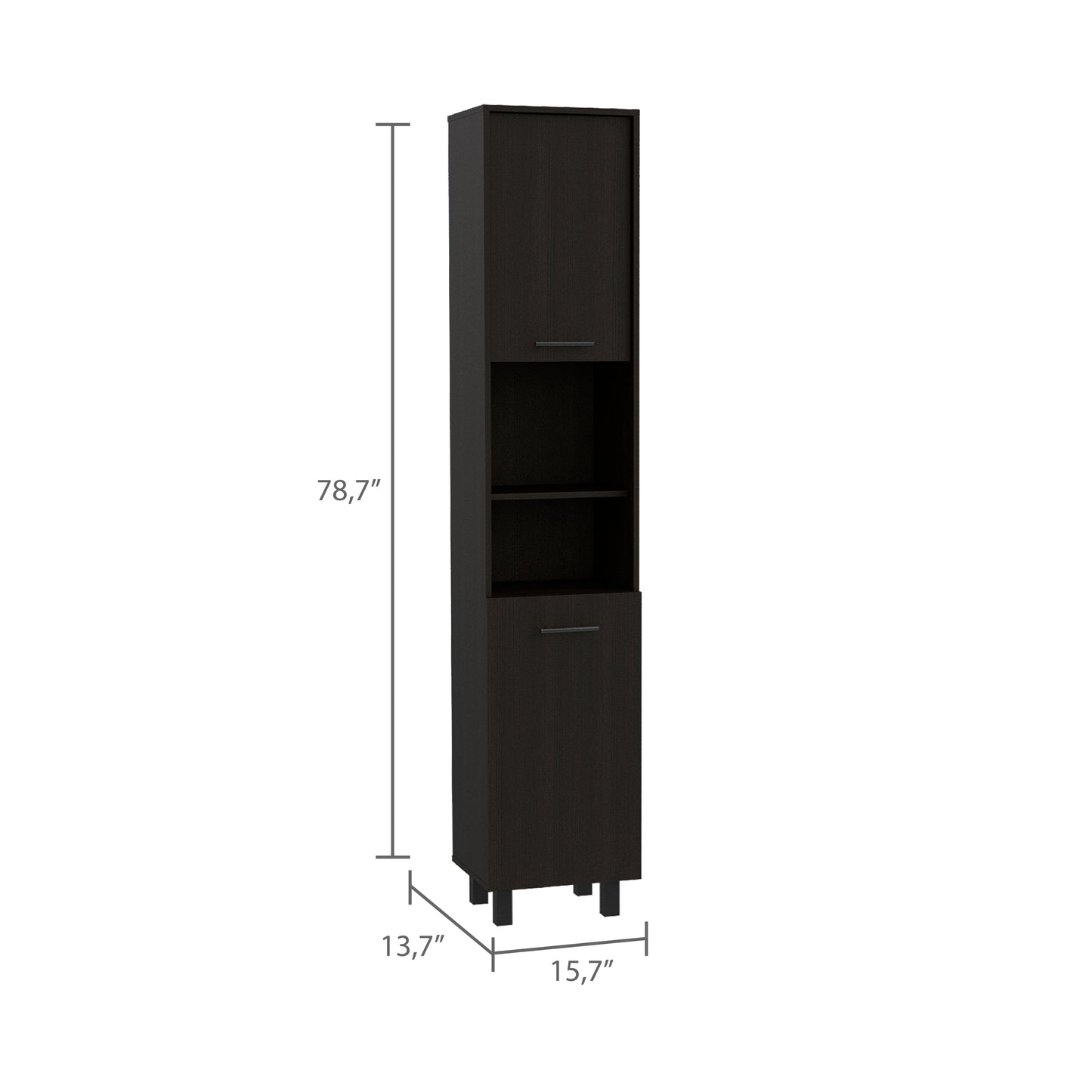 Tall dark brown wood veneer storage cabinet with brushed nickel handle ideal for small bathrooms