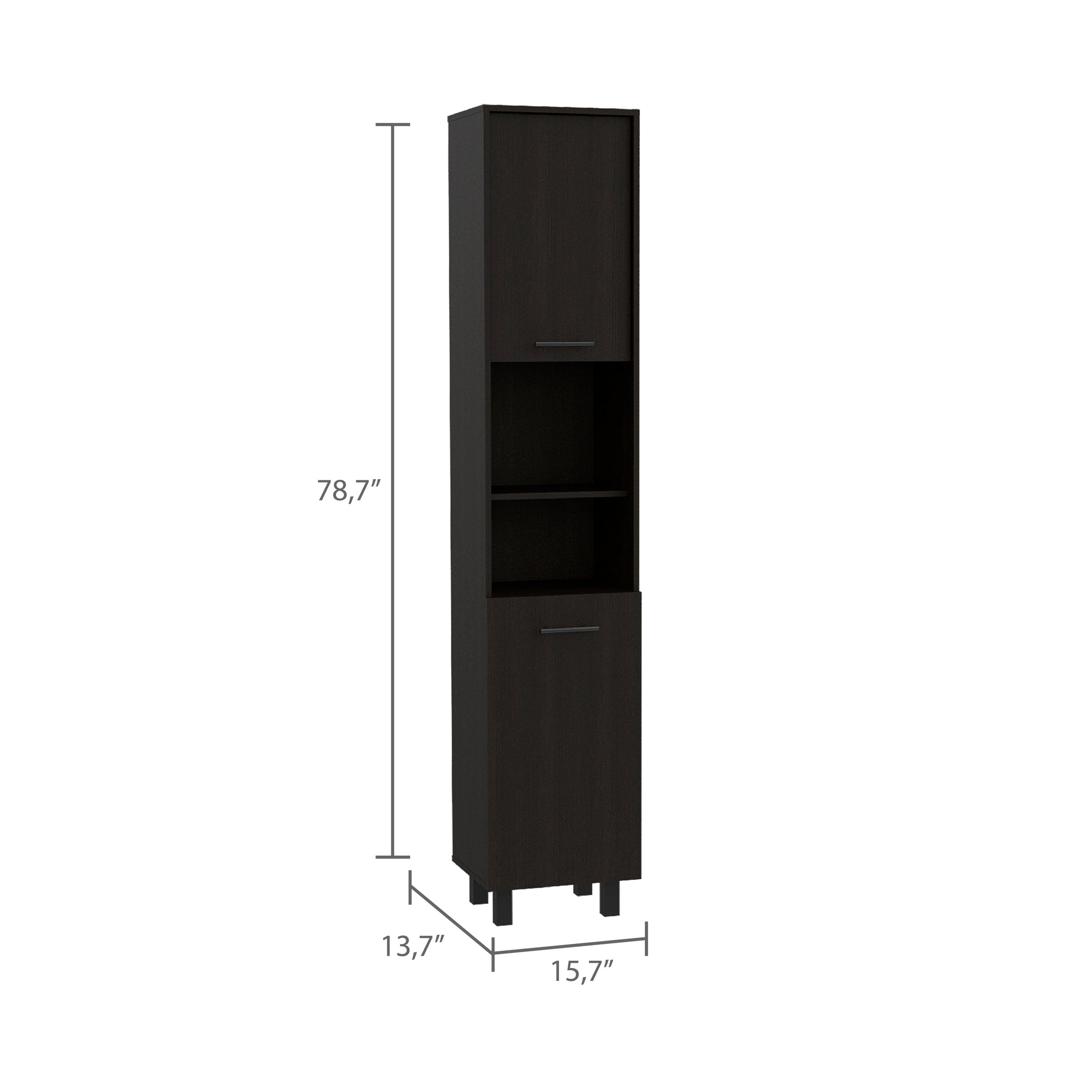 Tall dark brown wood veneer storage cabinet with brushed nickel handle ideal for small bathrooms