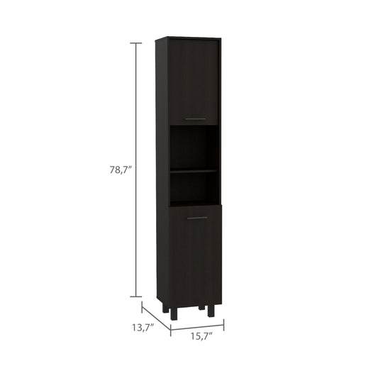 Tall dark brown wood veneer storage cabinet with brushed nickel handle ideal for small bathrooms
