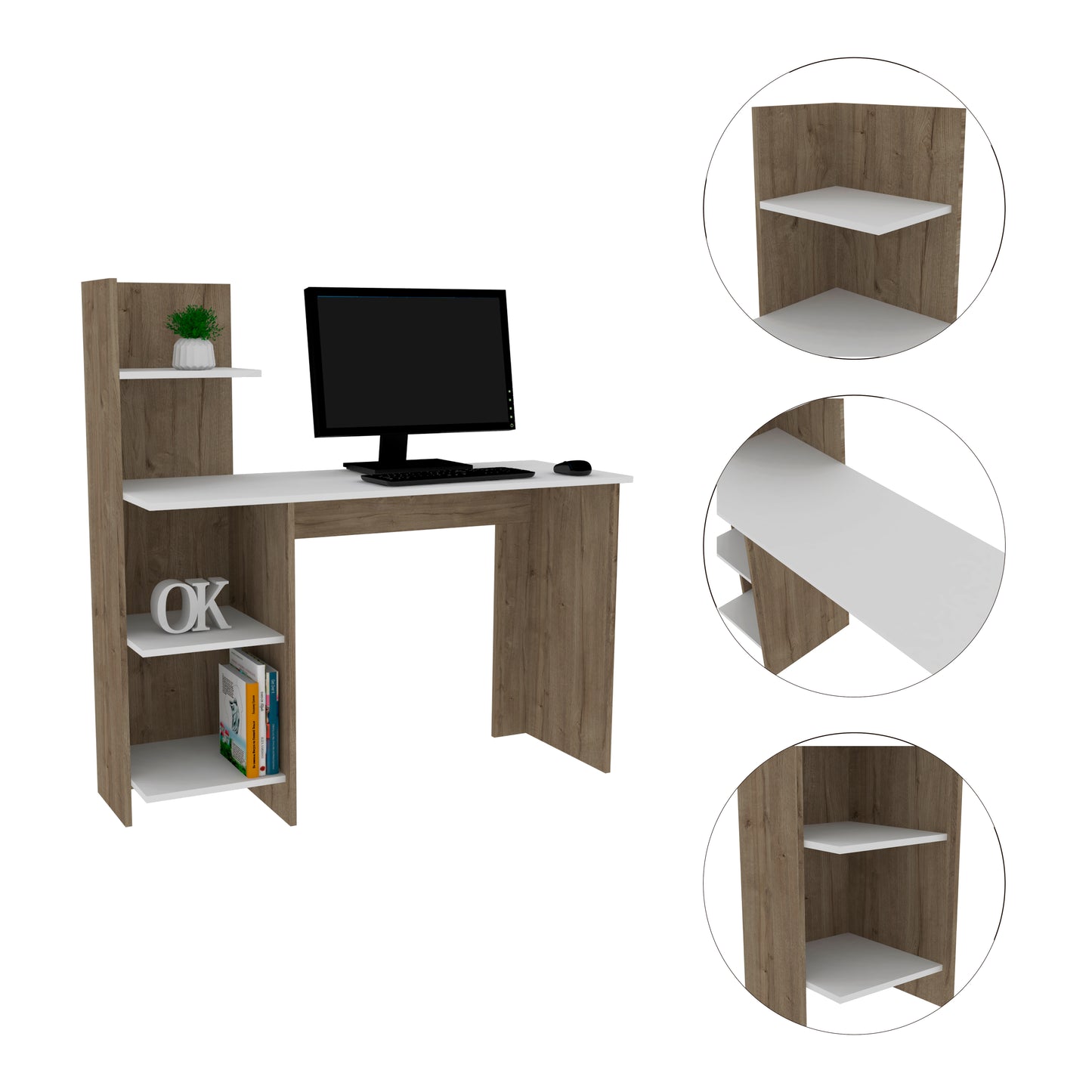 Modern white and oak computer desk with attached shelving for home office use