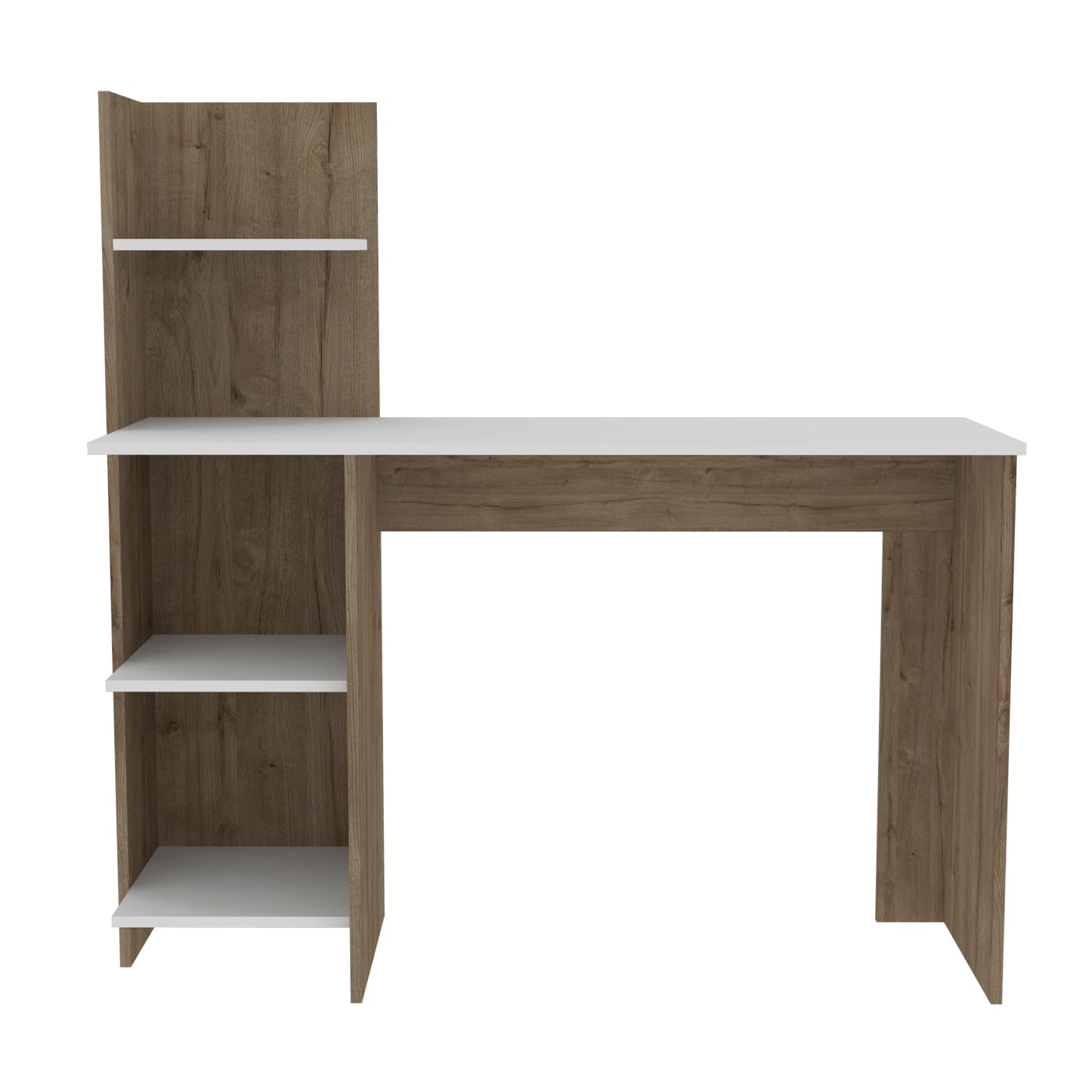Modern wooden study desk with white top and open shelves