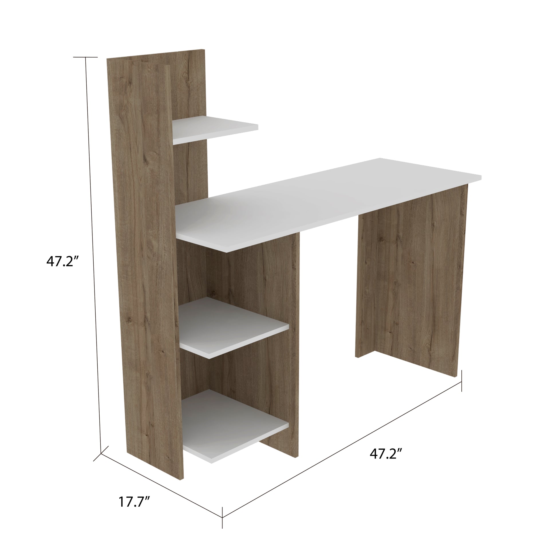 Modern computer desk with white top and oak wood grain shelving