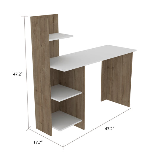 Modern computer desk with white top and oak wood grain shelving