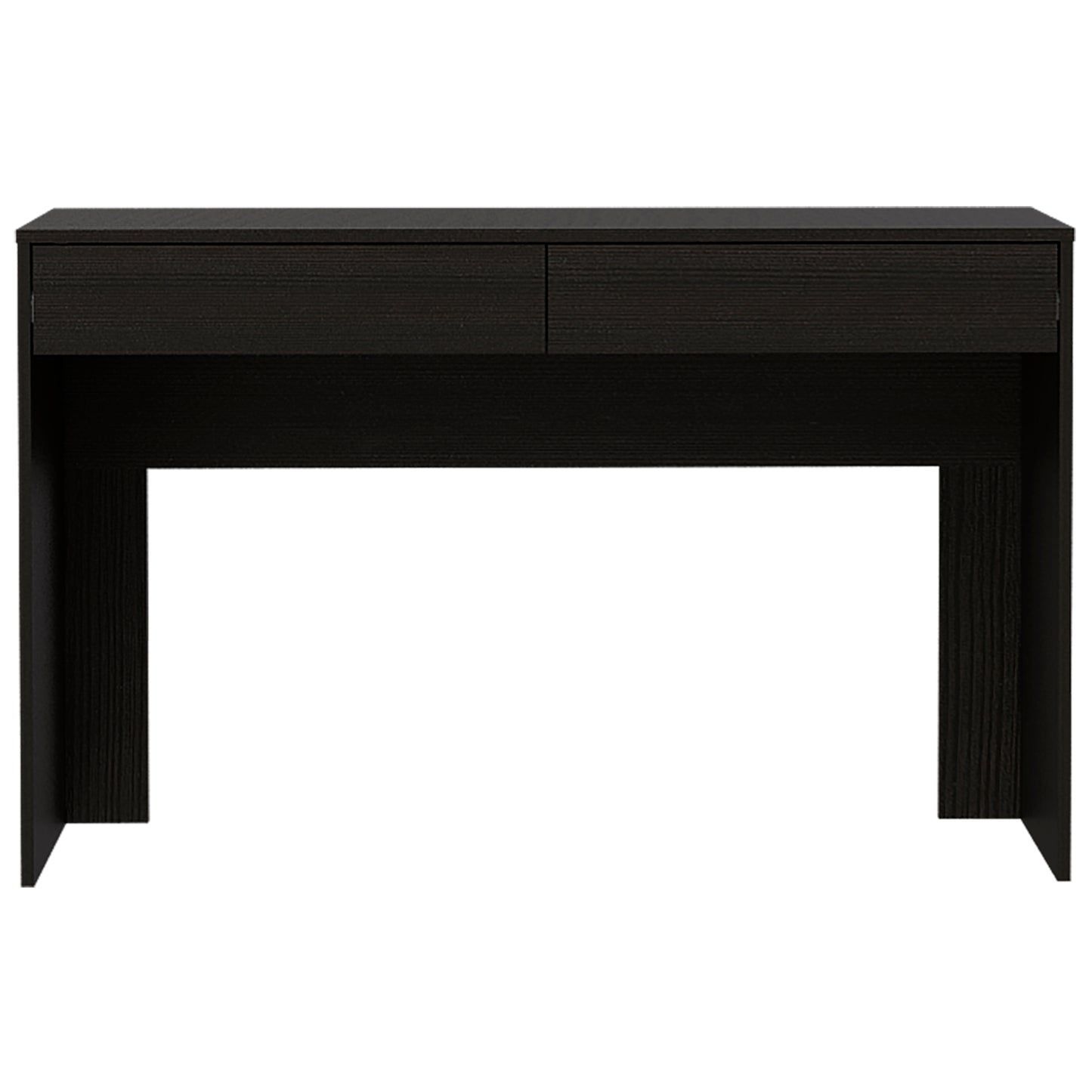 Dark wood grain console table with two drawers for entryways