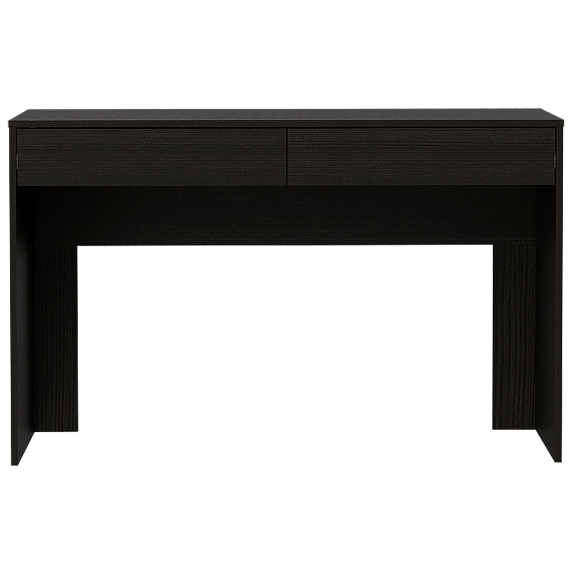 Dark wood grain console table with two drawers for entryways