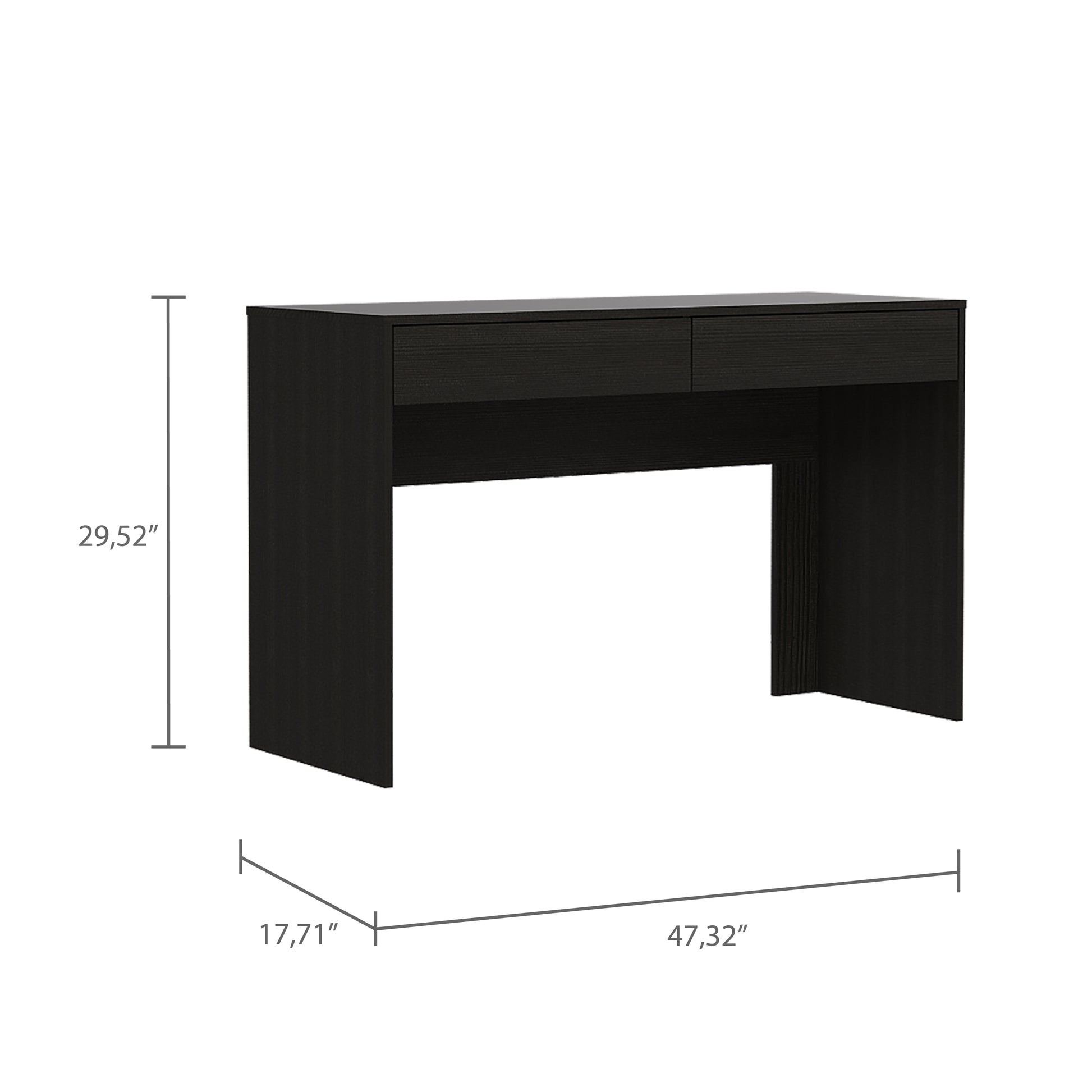 Dark wood grain console table with two drawers and clean lines