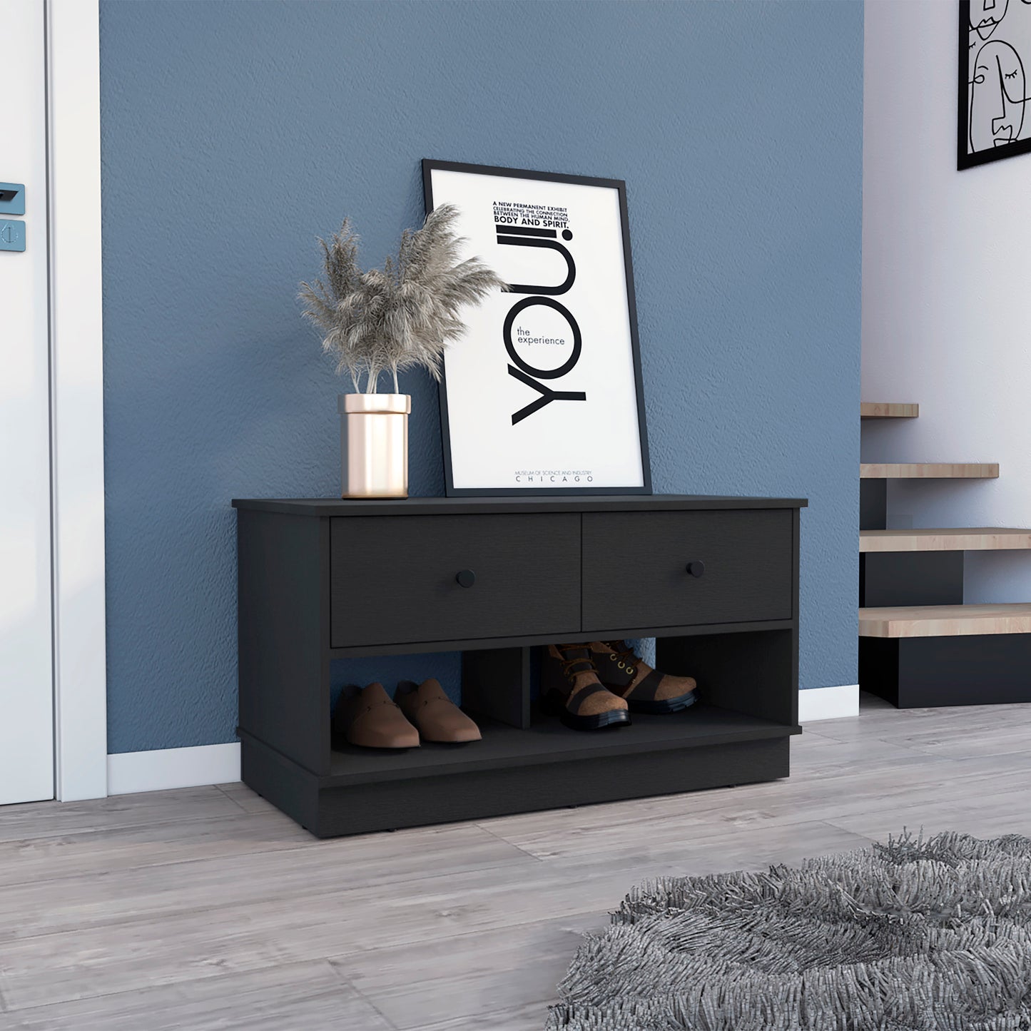 Dark brown entryway bench with two drawers and open shoe storage shelves