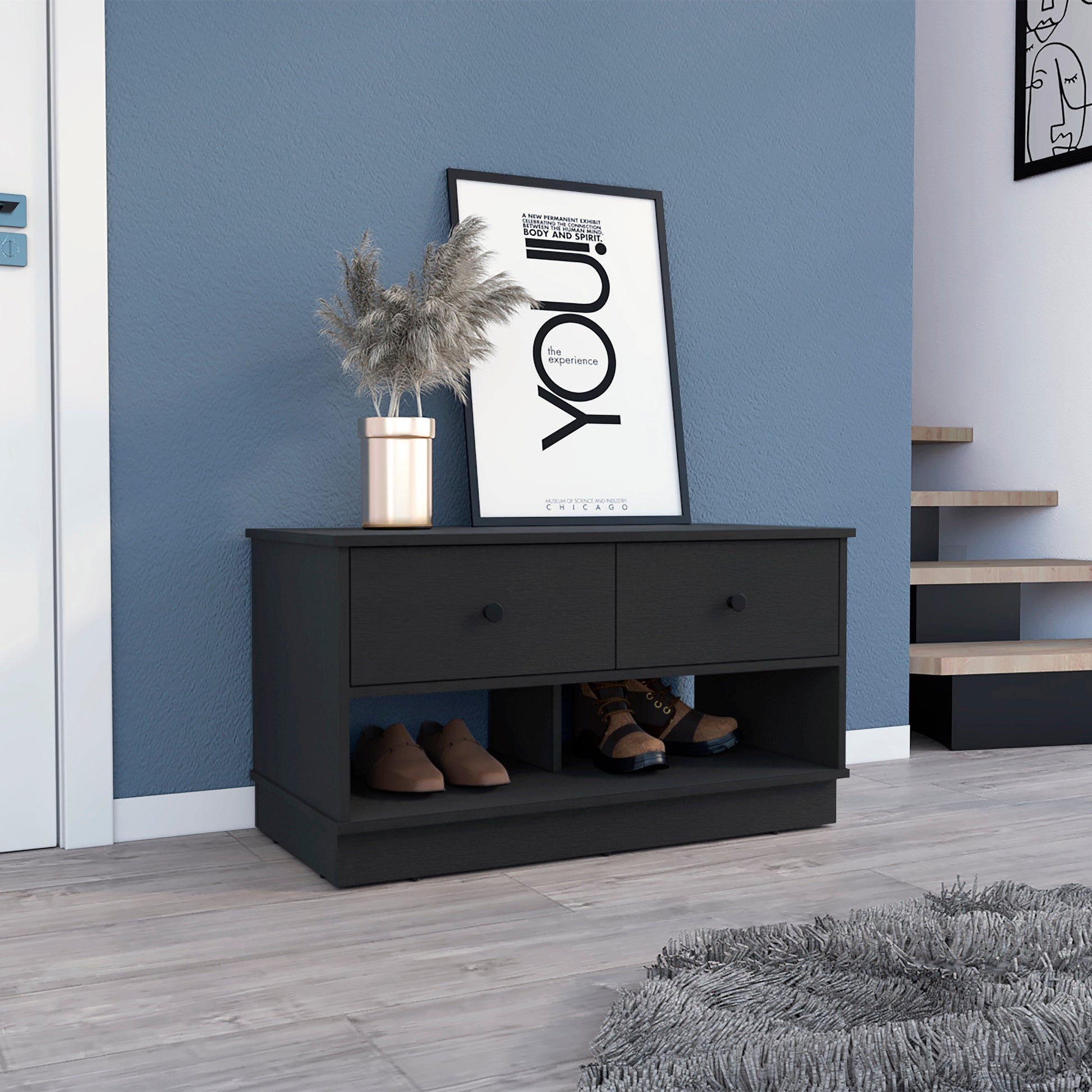 Dark brown entryway bench with two drawers and open shoe storage shelves