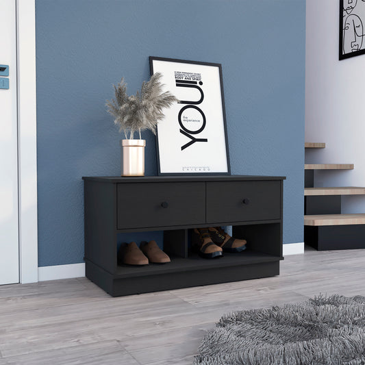 Dark brown entryway bench with two drawers and open shoe storage shelves